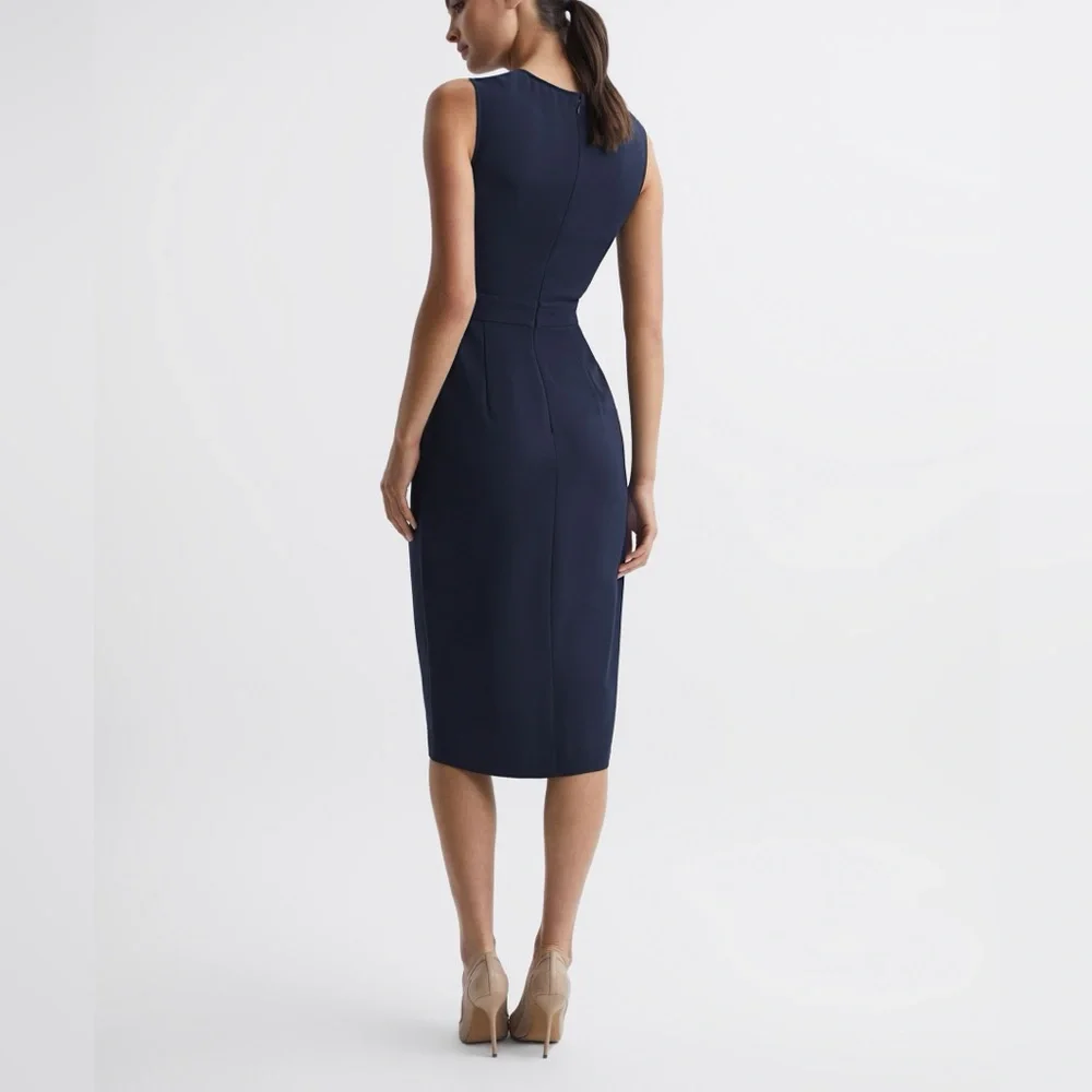 NEW NWOT REISS LAYLA SLEEVELESS GATHERED WAIST SHEATH BODYCON MIDI DRESS Navy 4 - Picture 2 of 12
